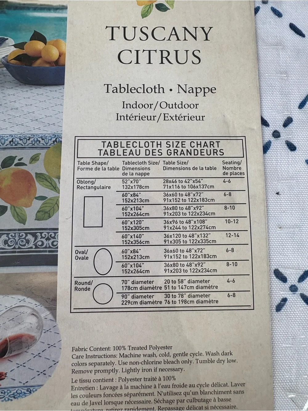 NWT Tuscany Citrus 60”x 80 Oblong Tablecloth-Blue & White Tile/Lemon Print